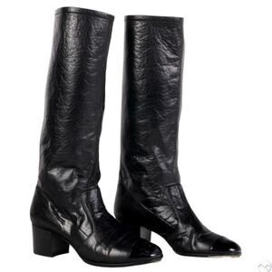 Chanel Black Lambskin Knee Boots 38.5 Patent Cap Toe